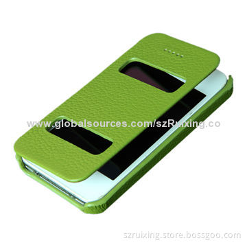 Luxury genuine leather case for iPhone 4/4s with double open window